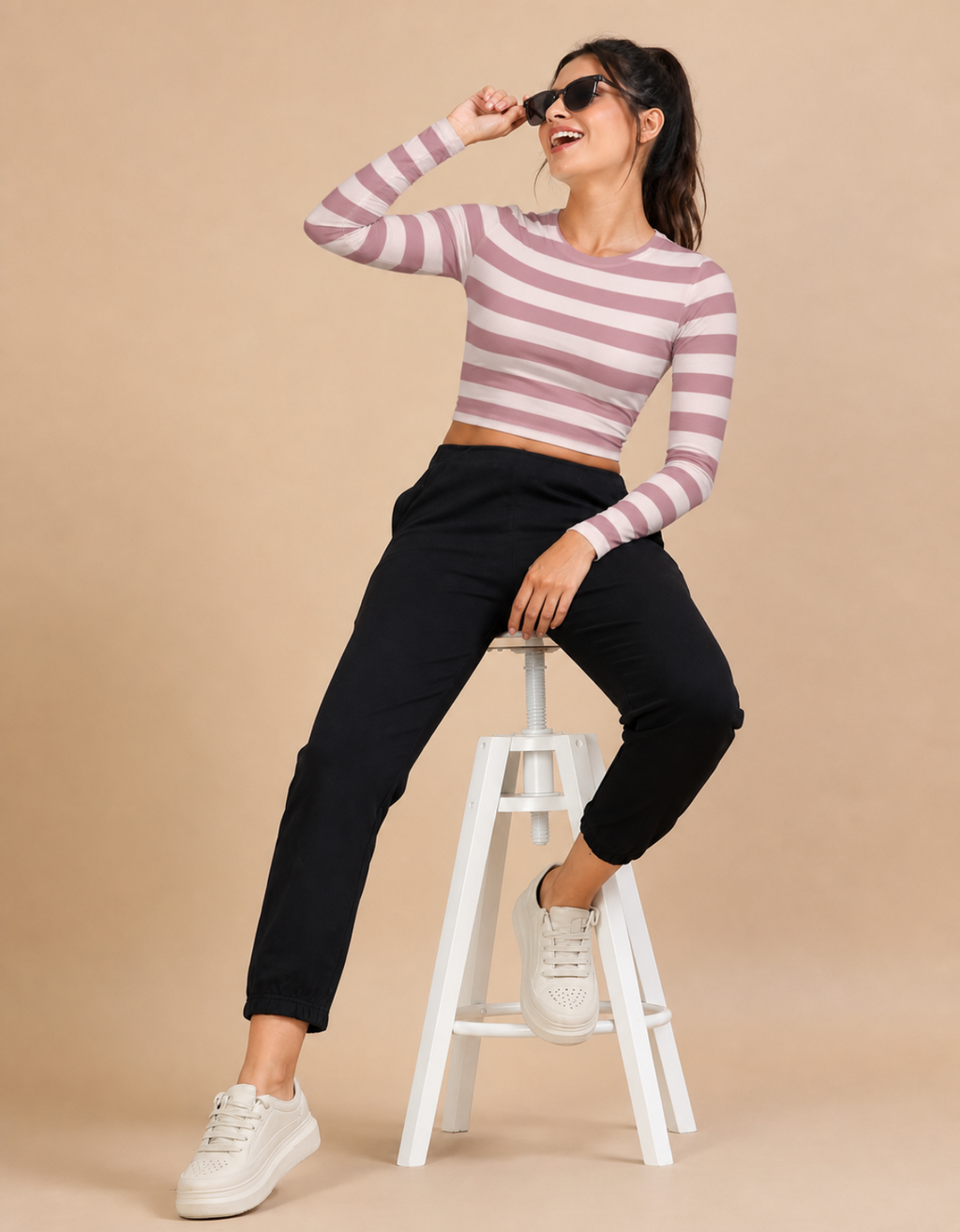 Women's Striped Fitted Long Sleeve Crop Top