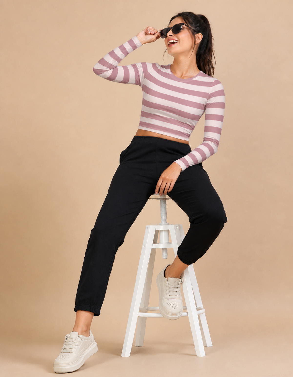Women's Striped Fitted Long Sleeve Crop Top